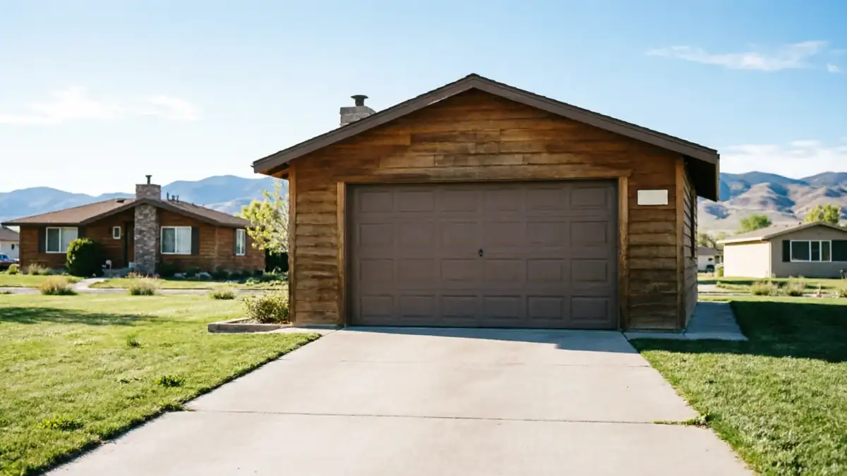 A brown garage door is on a wooden garage with a driveway and green lawn.