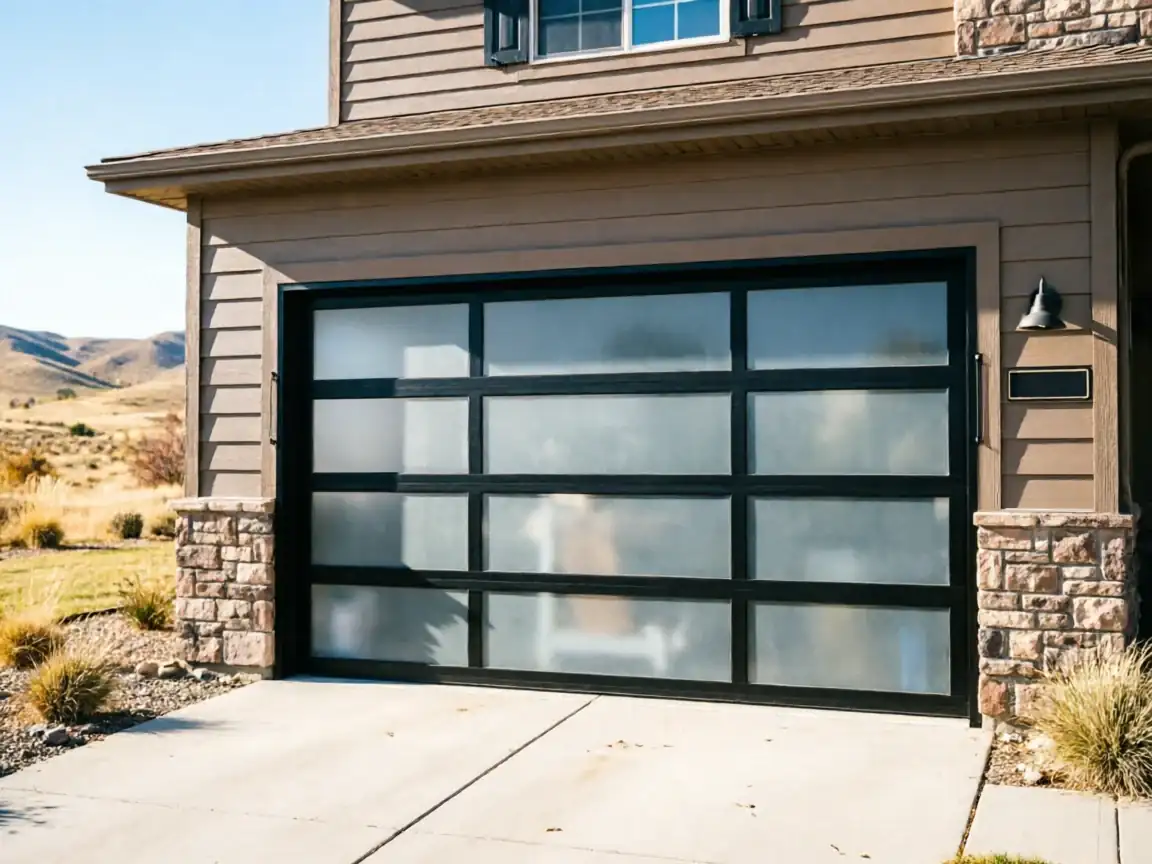 A modern garage door with frosted glass panels and a black frame.