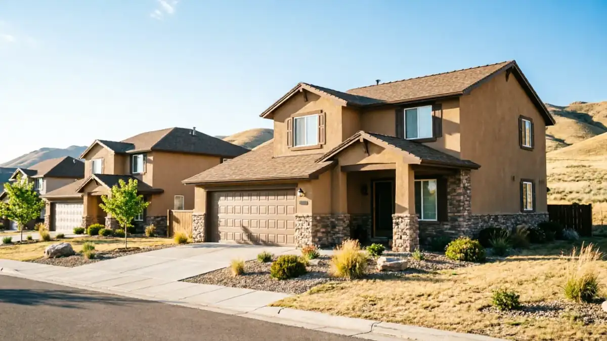 The house has a brown garage door with square panels and a stone facade.