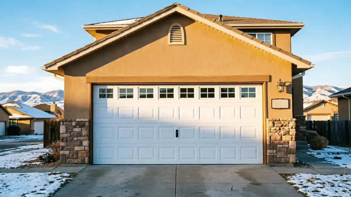 A house with a white garage door, stone accents, and snow on the ground.