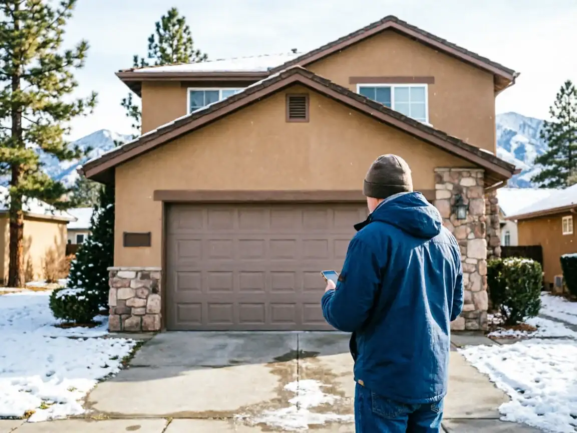 A person in a blue jacket stands in a snowy driveway looking at a phone.