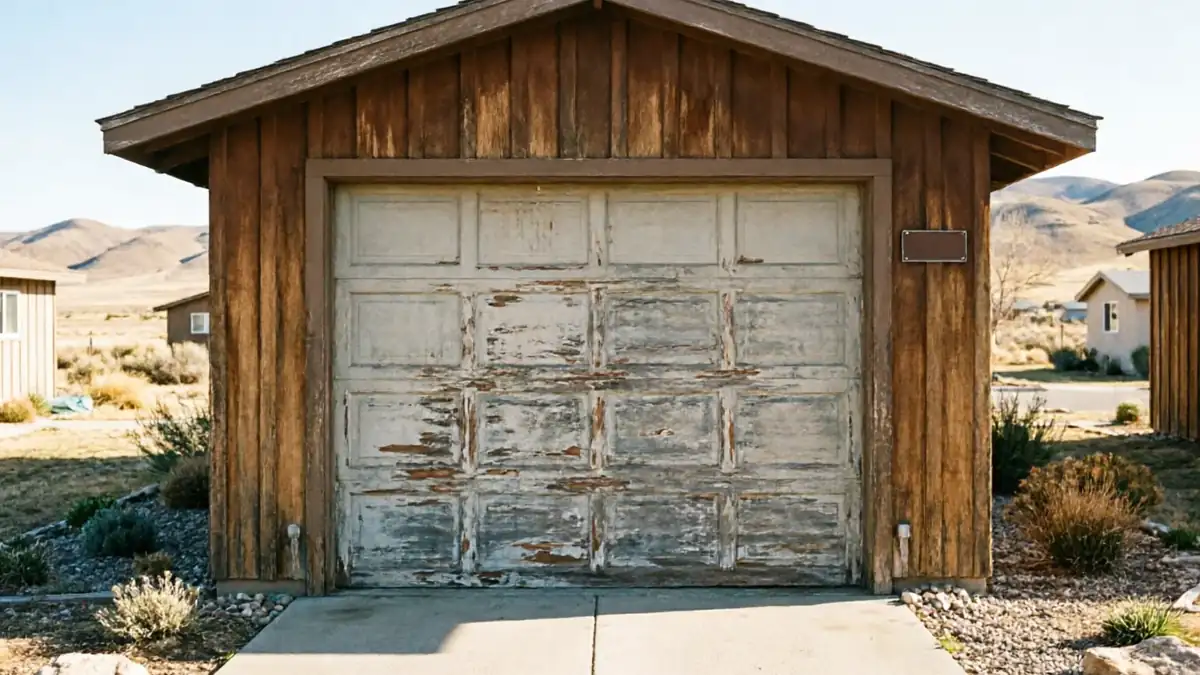 A weathered white garage door with peeling paint is set in a wooden garage.