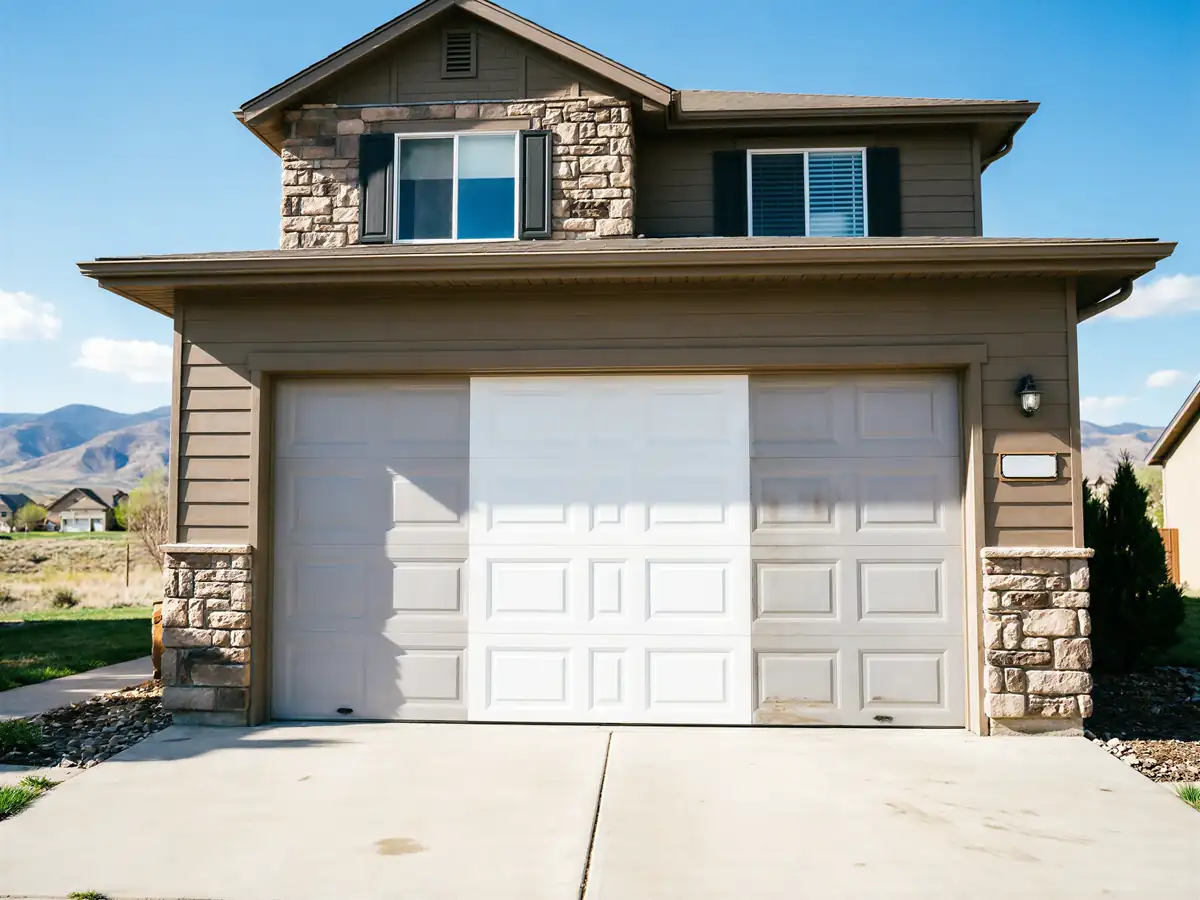The garage door is half clean and half dirty, with a house and mountains behind it.